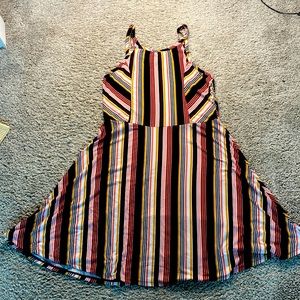 Stripes summer dress with high necklace line. Comes to just above the knee.